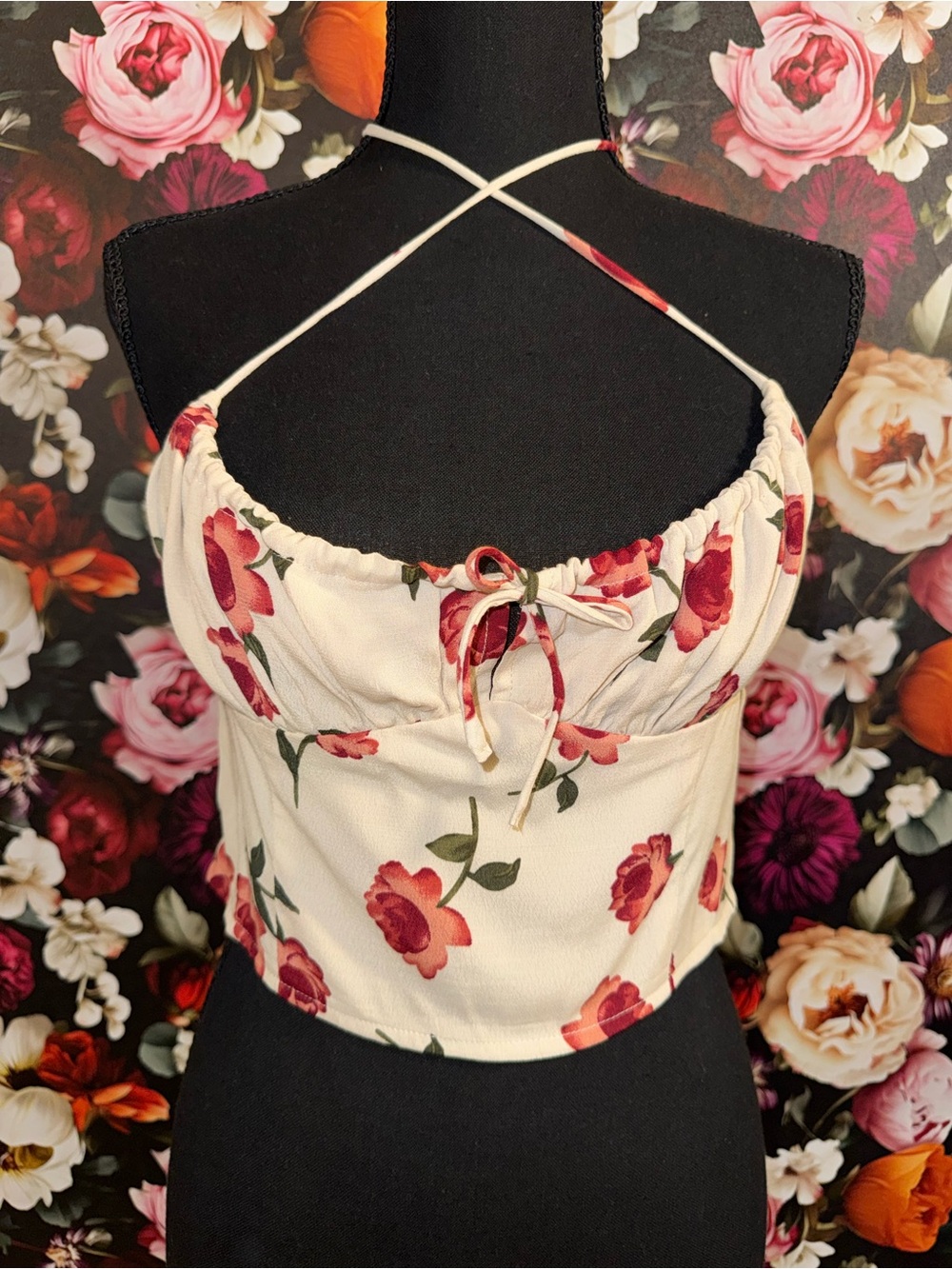 Kittenish Cream Floral Crisscross Crop Top with Red Rose Print, NWT, L